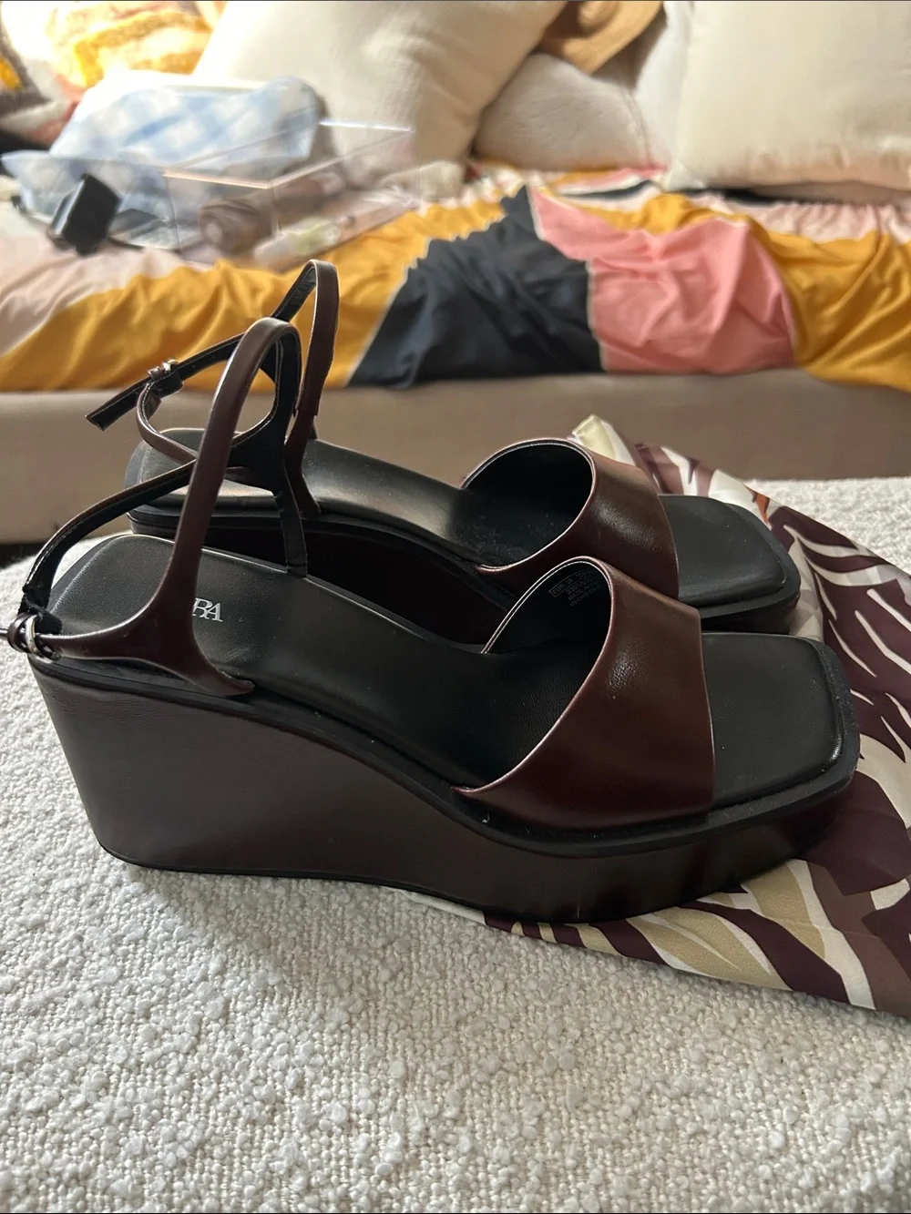 Zara Dark Brown Leather Square-Toe Block Heel Sandals - Picture 2 of 4